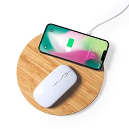 A wireless charger in a circular wooden design, featuring a white mouse and a smartphone displaying a charging icon.