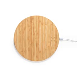 A round wireless charger with a bamboo texture, featuring a connector cable, showcasing natural wood colours.