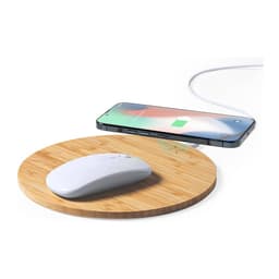 A wireless charger in a circular bamboo design, with a white mouse and a smartphone displaying a charging icon.