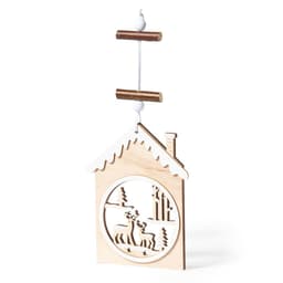 A wooden ornament shaped like a house, featuring a cut-out scene with trees and reindeer, hanging from a string.