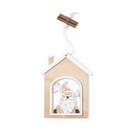 A wooden Christmas decoration in the shape of a house, featuring a Santa figure and stars. It has a white and natural finish.