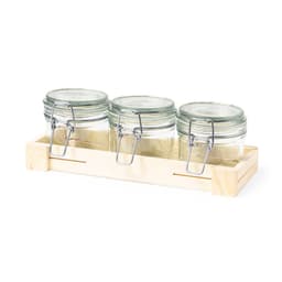 Three glass jars with metal clips, housed in a wooden tray. Clear glass and natural wood tones feature prominently.
