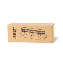 A jar set featuring three glass jars with metal clips displayed on a wooden base, packaged in a brown box.