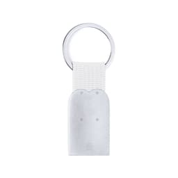 A silver keyring with a white fabric strap, featuring a smooth metal finish and an integrated logo.