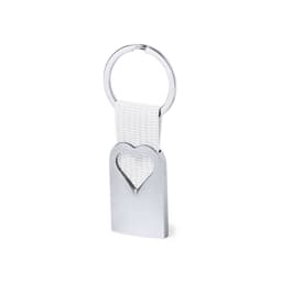 A silver keyring with a heart-shaped cutout and a white woven strap. It features a metal loop for attachment.