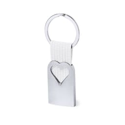 A silver keyring with a heart-shaped cutout and a white fabric strap.