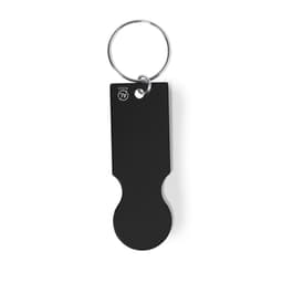 A black Talgun keyring with a circular metal ring and a simple, elongated design. It features a logo.