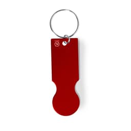 A red keyring with a circular loop and a flat, elongated design. Features a branding logo.