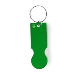 A green keyring with a circular keychain, featuring a simple, modern design.
