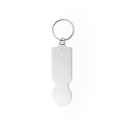 A silver keyring with a smooth, brushed finish and a round attachment point. It features a simple design and a logo.