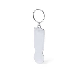 A silver keyring featuring a sleek, flat design with a keychain loop. It has a smooth, metallic finish.