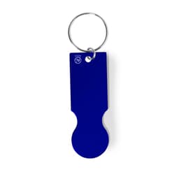 A blue keyring with a circular attachment and a unique, curved shape. It features a logo.