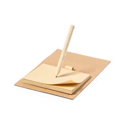 A notepad with a wooden pencil, set on a brown base. The notepad features yellowish blank sheets.