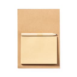 A brown notebook with a matching pencil on top, featuring a blank sticky note pad.