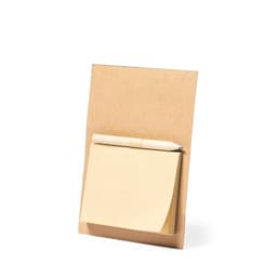 A notepad with a wooden pen attached, featuring a sleek, brown cardboard backing and a stack of yellow sticky notes.