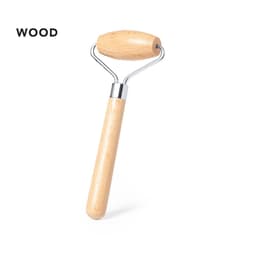 A wooden face massager with a silver metal roller, featuring a natural wood handle.
