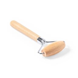 A wooden-handled face massager with a metal roller, designed for beauty routines and skincare applications.
