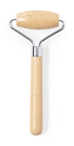A face massager with a wooden handle and a round rolling end, featuring metal accents.