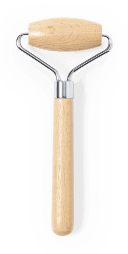 A wooden face massager with a smooth, rounded head and a metal frame, featuring a light wood handle.