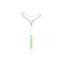 A green and silver face massager with a roller design, featuring a wooden handle.
