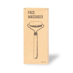 A facial massager in a cardboard box, featuring a round stone head and a wooden handle.