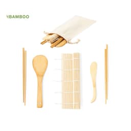 A bamboo sushi set featuring chopsticks, a bamboo mat, and wooden utensils within a cotton pouch.