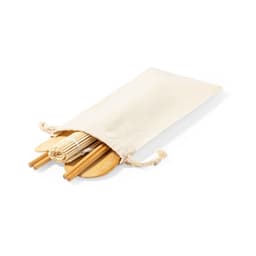 A beige fabric pouch containing bamboo chopsticks and a bamboo sushi mat, tied with a drawstring.
