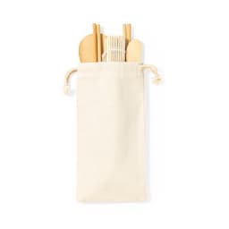 A cream-coloured pouch containing wooden utensils for sushi, including chopsticks and a sushi mat, with a drawstring closure.