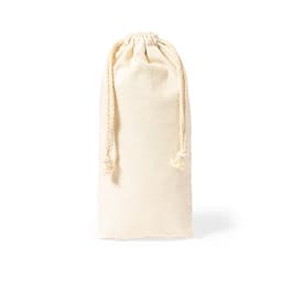 A natural cotton drawstring bag in cream colour, designed to securely hold items. Features a simple, unbranded style.