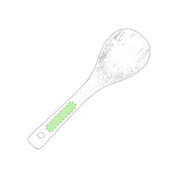 A bamboo sushi spatula with a flat, rounded head and a long handle. The handle features a green section.