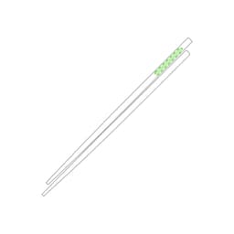 A pair of white chopsticks featuring a green decorative band in the centre. Includes a logo.