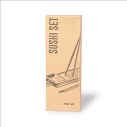 A sushi set packaging in a brown cardboard box with simple illustrations and a chopsticks design.