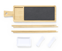 A Gunkan sushi set featuring a bamboo serving board, chopsticks, a white dipping dish, and two soy sauce cups.