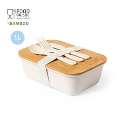 A bamboo lunchbox with a light-coloured base and a wooden lid, secured with an elastic strap, containing utensils.