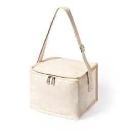 A beige cooler bag with a zippered top and an adjustable strap, featuring one logo on the side.