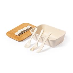 A beige cooler bag with a wooden lid and a set of eco-friendly utensils, including a spoon, fork, and knife.
