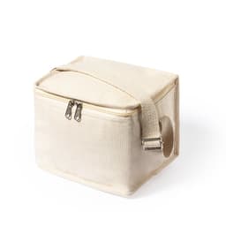 A cream-coloured cooler bag with a zip closure and an adjustable strap, featuring a logo on the front.