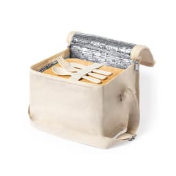 A cream cooler bag with a silver top, featuring a wooden tray and utensils inside. The bag also has a strap and logo.