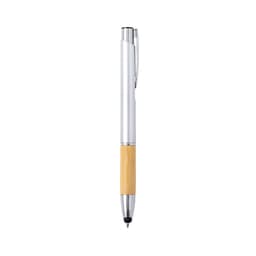 A silver and bamboo ballpoint pen with a stylus tip and a metallic clip, featuring a simple, modern design.