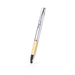 A ballpoint pen featuring a silver metal upper and a bamboo lower half, with a stylus tip for touchscreen devices.
