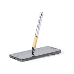 A silver ballpoint pen with a wooden accent rests on a smartphone screen, featuring a stylus tip for touch interaction.