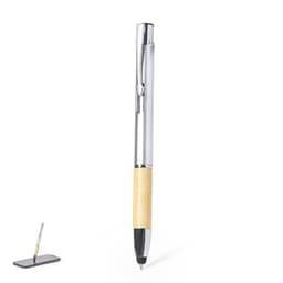 A ballpoint pen with a bamboo barrel and silver accents, featuring a stylus tip and a branding logo.