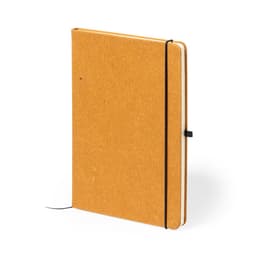 A yellow notebook with a black elastic band and a black ribbon bookmark. It has a textured cover and visible pages.