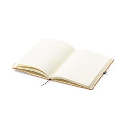 An open Tefan Notebook with blank lined pages and a tan cover, featuring a ribbon marker.