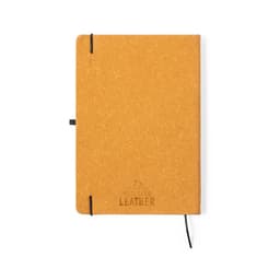 A tan notebook with a recycled leather cover and an elastic band, featuring a logo on the front.