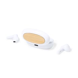 White earbuds with a bamboo accent in a white charging case. The case has a logo on the front.