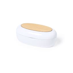 An oval earbud case in white with a bamboo lid, featuring a smooth, minimalistic design and a logo.