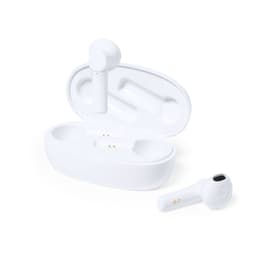 White wireless earbuds in a charging case, featuring a simple, sleek design and a logo on the case.