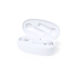 White earbuds inside a white charging case, with the case slightly open.