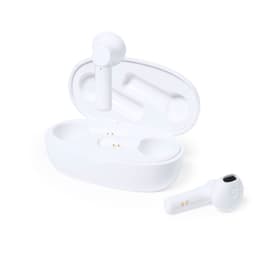 A pair of white earbuds resting in their charging case, with one earbud placed outside the case.